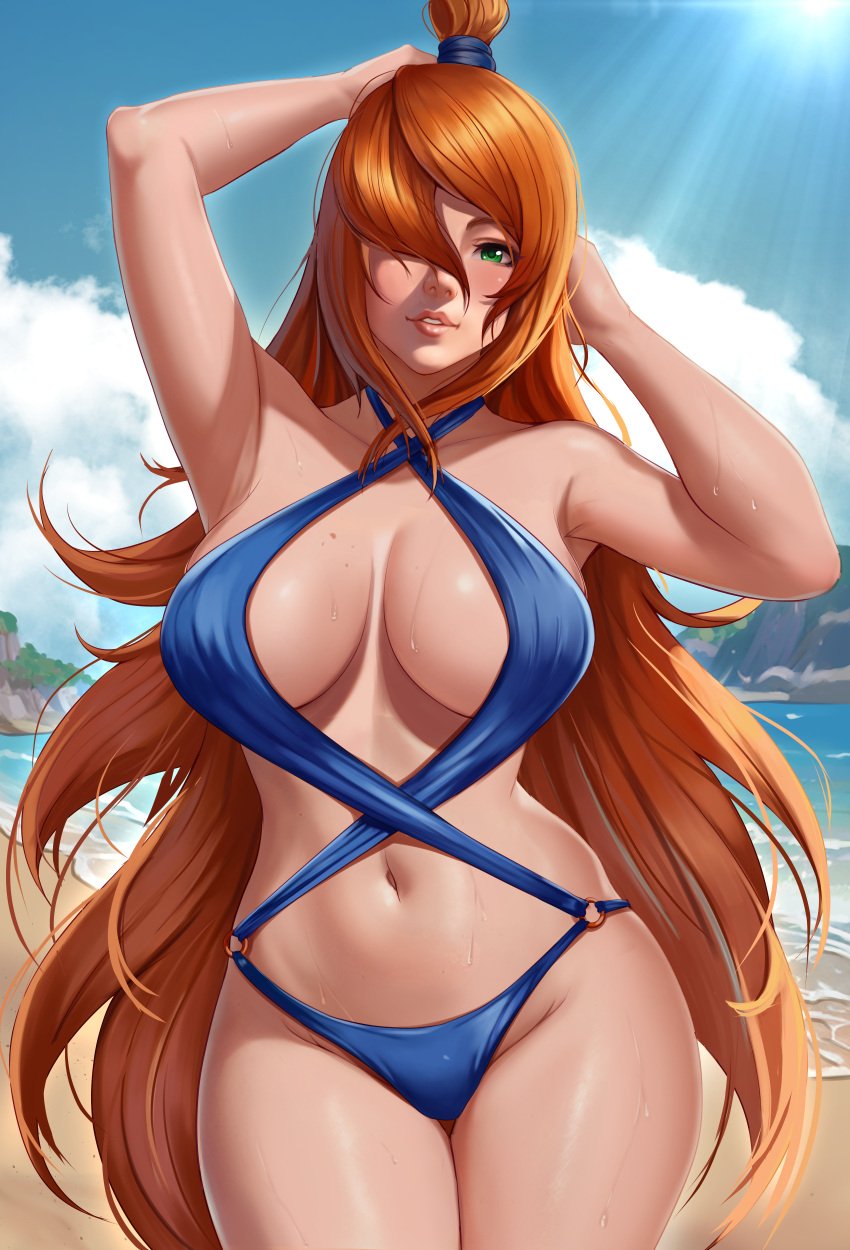 1girls absurd_res absurdres arm_up armpit armpits arms_up bangs bare_arms bare_hips bare_shoulders bare_skin bare_thighs beach big_breasts blue_clothes blue_clothing blue_swimsuit breasts busty child-bearing_hips cleavage clothed clothed_female clothing exlic female female_focus female_only fit fit_female ginger ginger_hair green_eyes hair_over_one_eye hands_on_head hands_on_own_head high_resolution highres hips large_breasts large_filesize light-skinned_female light_skin long_hair looking_at_viewer mature mature_female mei_terumi milf naruto naruto_(series) naruto_shippuden navel orange_hair parted_lips sand sea seaside solo solo_female solo_focus stomach sunshine swimsuit teeth teeth_showing thick_thighs thighs tropical very_high_resolution very_long_hair wide_hips