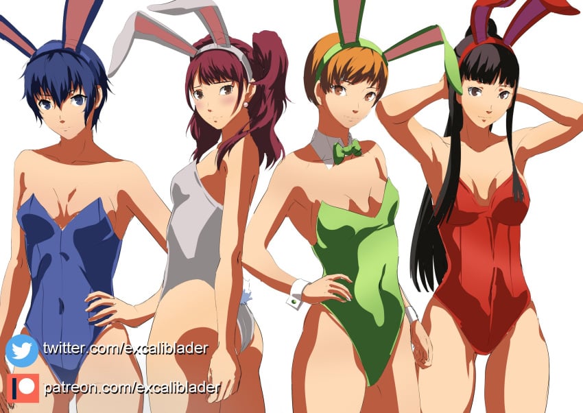 4girls alternate_costume amagi_yukiko ass atlus black_hair blue_hair blue_leotard bowtie_collar breasts brown_hair bunny_ears bunnysuit covered_navel excaliblader female female_only green_leotard kujikawa_rise leotard long_hair multiple_girls persona persona_4 red_leotard satonaka_chie shirogane_naoto short_hair strapless_leotard tagme twintails white_leotard