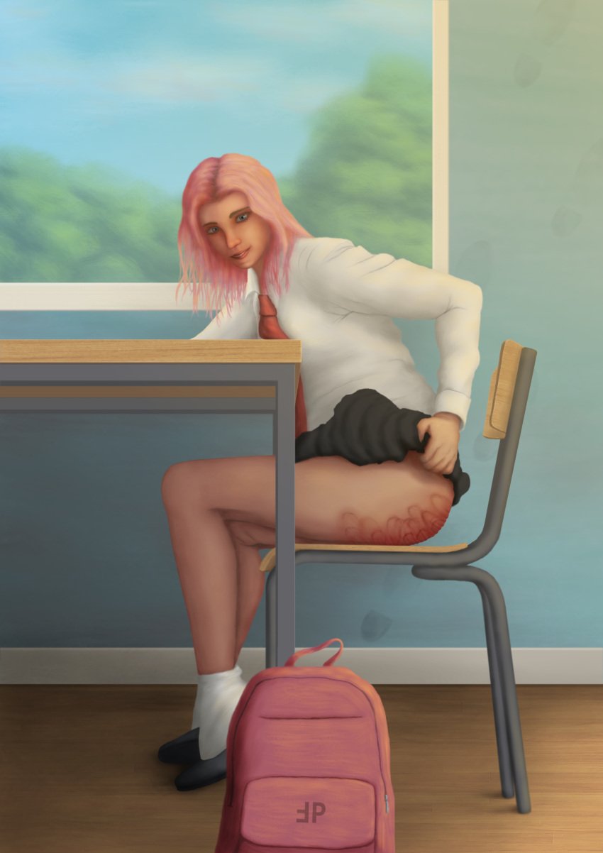 blue_eyes desk mongoringo pink_bag pink_hair school_chair school_uniform schoolgirl schoolgirl_uniform sitting sitting_down spanked