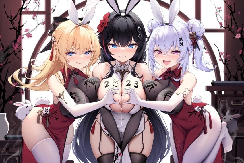 2023 3girls :q absurdres after_paizuri animal_ears asymmetrical_docking bare_shoulders between_legs black_hair black_thighhighs blonde_hair blue_eyes bow breast_press breast_tattoo breasts china_dress chinese_clothes cleavage closed_mouth covered_navel cum cum_on_body cum_on_breasts cumdrip double_bun dress elbow_gloves fake_animal_ears fake_tail framed_breasts garter_straps gloves hair_bun hair_ornament hairband hairbow hairclip half_updo hand_between_legs heart heart_hands heart_hands_duo highres k.t.cube large_breasts leg_up multiple_girls naughty_face no_panties no_shoes open_mouth original panty_straps pantyhose pelvic_curtain pink_eyes ponytail rabbit_ears rabbit_tail red_dress skindentation sleeveless sleeveless_dress smile smug tail tassel tattoo thighhighs thighs tongue tongue_out white_dress white_gloves white_hair white_pantyhose white_thighhighs