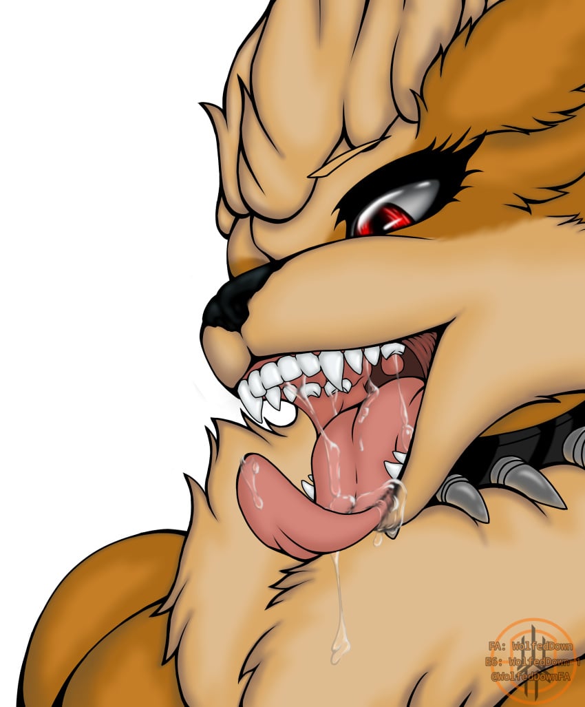 2023 absurd_res anthro arcanine big_breasts bodily_fluids breasts bust_portrait curled_tongue drooling ember_(disambiguation) female female/female generation_1_pokemon hi_res mouth_shot nintendo open_mouth pokemon pokemon_(species) portrait red_eyes saliva saliva_string solo wolfeddown