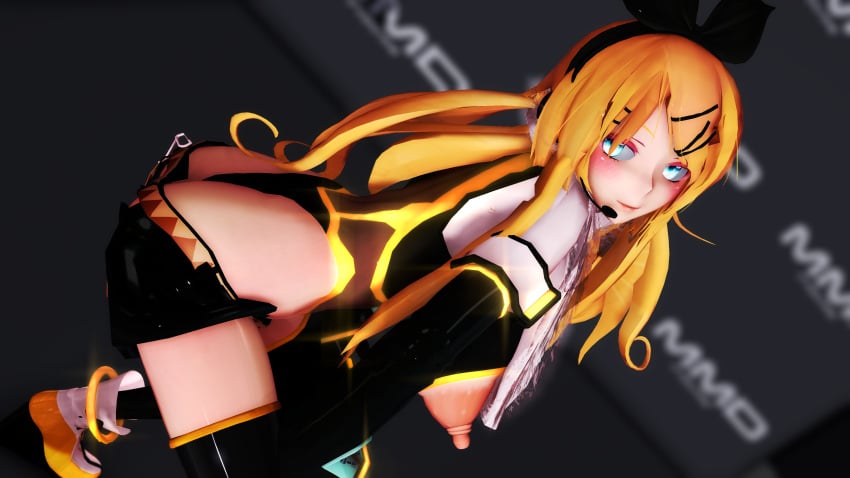 3d alternate_breast_size ass_cleavage belt big_breasts blonde_hair blue_eyes bow_hairband butt_crack erect_nipples headset_microphone huge_breasts image iwara kagamine_rin lion_musashi long_sleeves mmd nipple_cutout open_mouth seductive_gaze skimpy tall_female thighhighs vocaloid