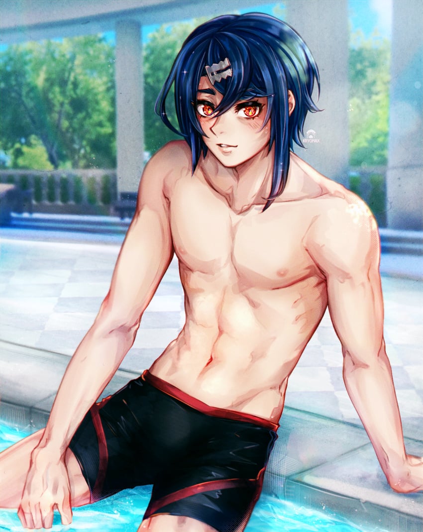 1boy alcryst_(fire_emblem) black_shorts blue_hair commentary_request fire_emblem fire_emblem_engage hair_between_eyes hair_ornament hairclip highres looking_at_viewer male male_focus male_only max_art149 nintendo outdoors parted_lips poolside red_eyes short_hair shorts sitting solo topless_male tree water