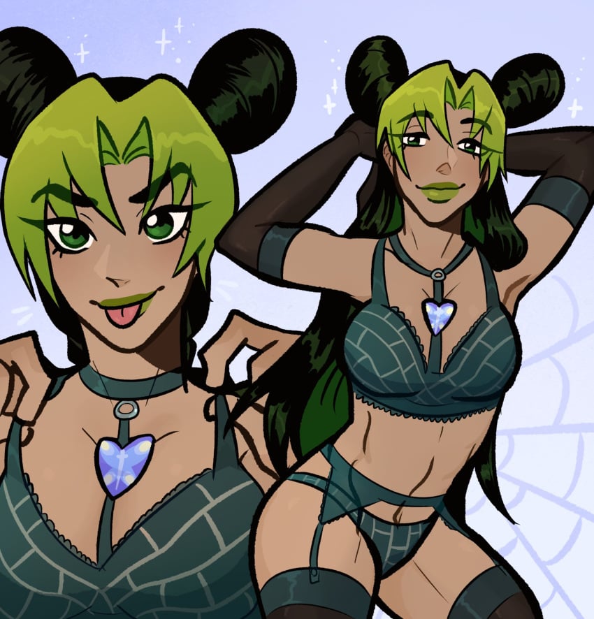 1girls breasts chloesimagination elbow_gloves female female_focus female_only gloves green_eyes green_hair green_lipstick human irene_(jjba) jojo's_bizarre_adventure jolyne_kujo light-skinned_female light_skin lingerie long_hair multicolored_hair shounen_jump solo solo_female stone_ocean tagme tongue_out