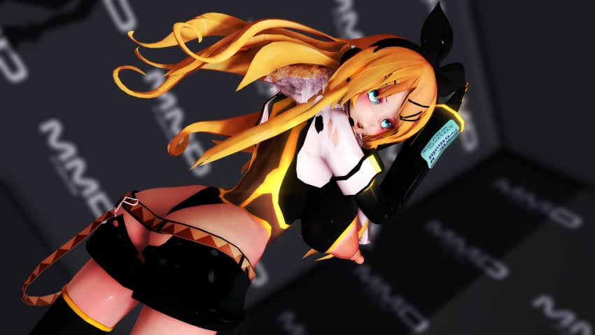 3d alternate_breast_size ass_cleavage belt big_breasts blonde_hair blue_eyes bow_hairband butt_crack erect_nipples headset_microphone huge_breasts image iwara kagamine_rin lion_musashi long_sleeves mmd nipple_cutout open_mouth seductive_gaze skimpy tall_female thighhighs vocaloid