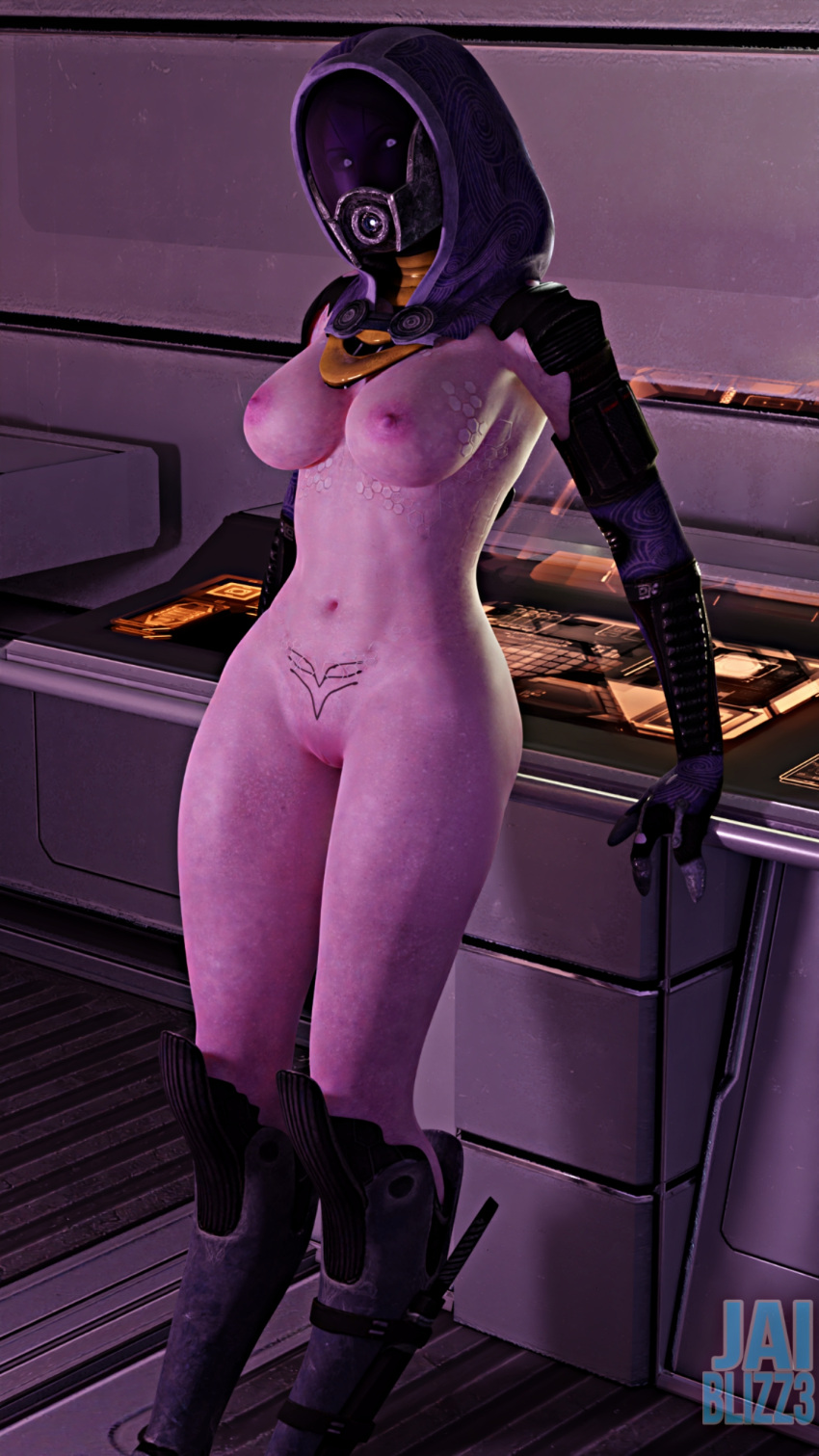 1girls 3d alien alien_girl alien_humanoid big_breasts blender breasts eyes_visible_through_mask female female_only helmet hood jaiblizz leaning looking_at_viewer mask mass_effect mass_effect_2 naked naked_female nipples partially_clothed purple_body purple_skin quarian solo tali'zorah_nar_rayya visible_face