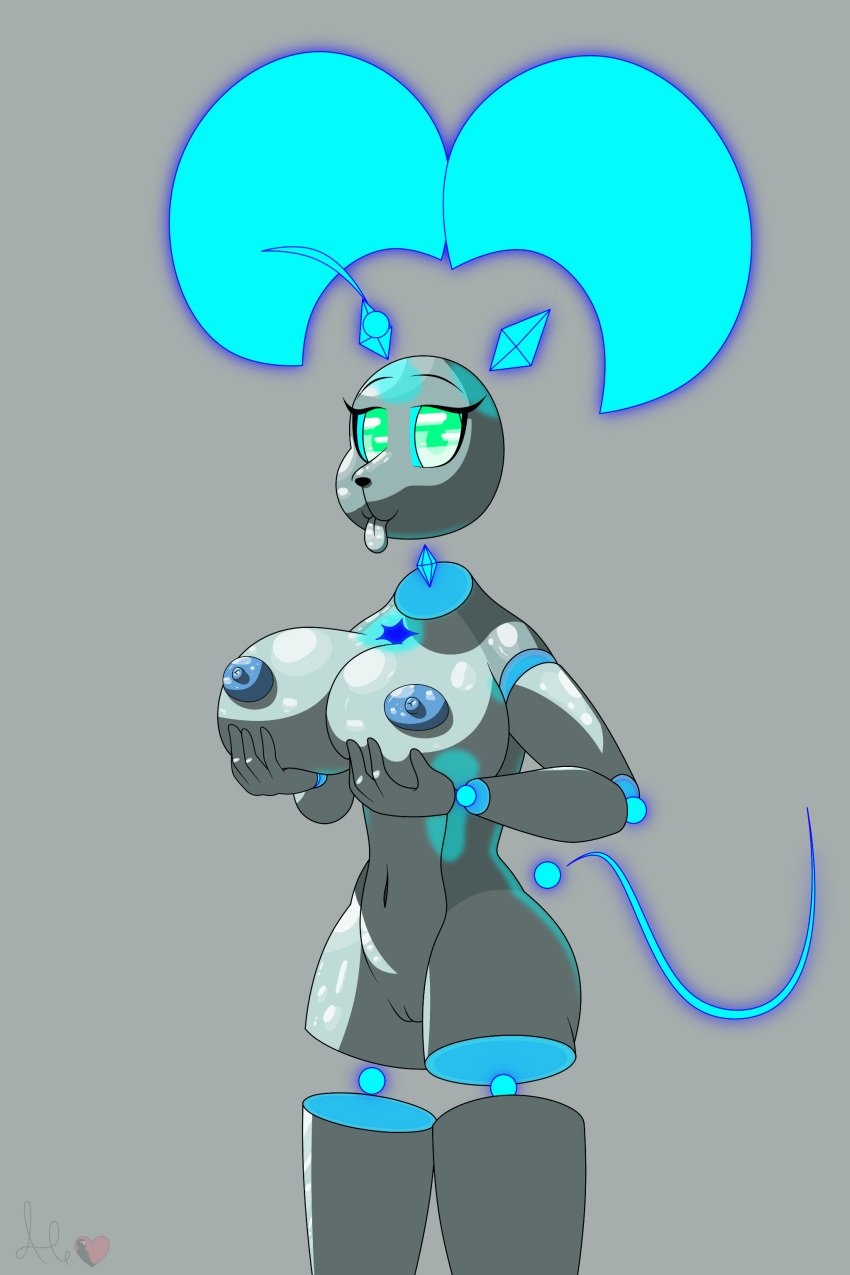 absurd_res anthro big_breasts big_ears blue_nipples breast_grab breasts digital_media_(artwork) female god-ale green_eyes hand_on_breast hi_res holding_breast humanoid machine mammal metallic_body mouse mouse_tail murid murine navel nipples orbs r-34 robot rodent silver_body solo split_body tail tongue tongue_out