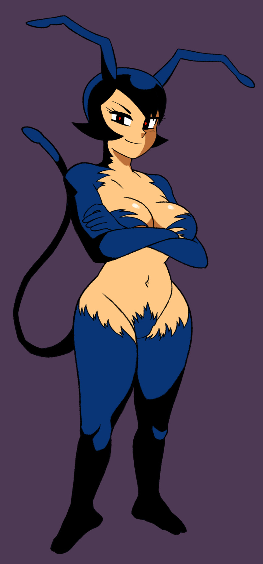 antennae ass big_breasts breasts cleavage covered_breasts crossed_arms dance_mephisto dark_blue_fur demon demon_girl demon_tail demoness fanart hairy_pussy hanappe_bazooka hips legs monster_girl red_eyes smile tail thick_thighs umjammercammy