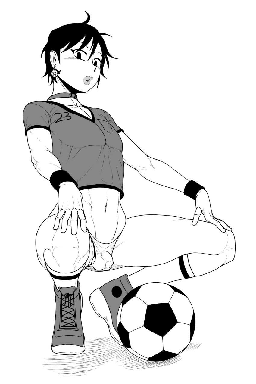 1boy alternate_version_at_source choker earrings femboy feminine_male girly kiahl lobsterkiahl male original_character panties self_upload small_penis soccer_ball soccer_uniform solo squatting thick_lips