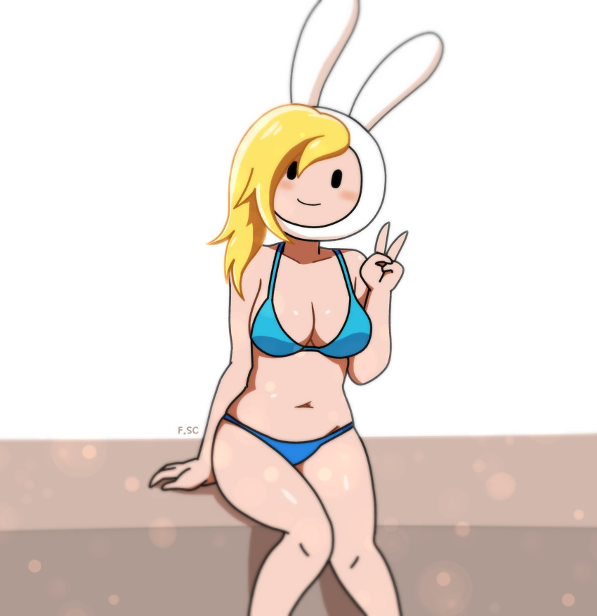 2023 adventure_time belly black_eyes blonde_hair blush breasts bunny_ears cartoon_network cleavage female female_only fionna_the_human_girl fizzyspidercider looking_at_viewer mob_face peace_sign swimsuit