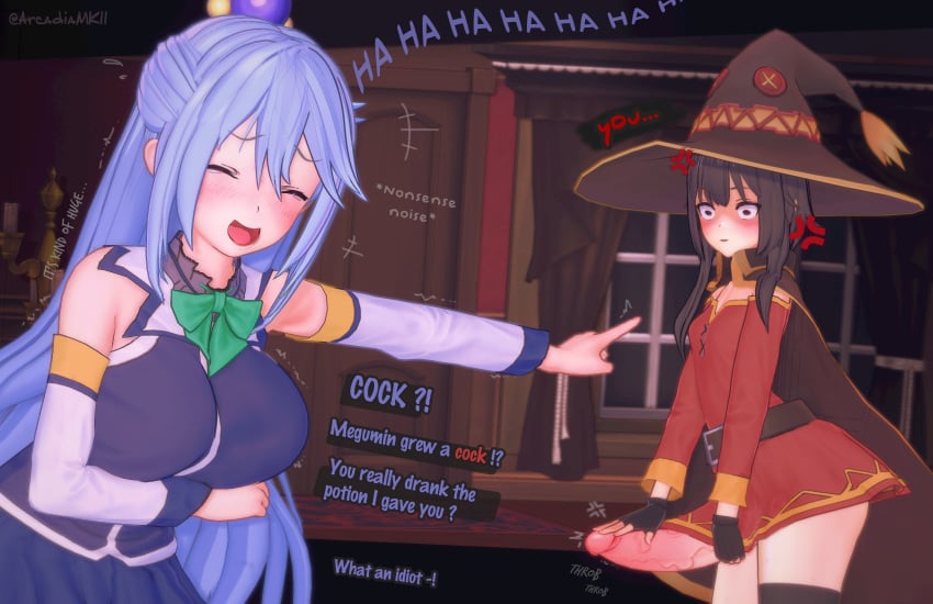 1futa 1girls 2023 3d 3d_(artwork) angry aqua_(konosuba) arcadia artist_signature balls big_penis blue_eyes blue_hair blush bottomless breasts brown_hair dialogue dress dress_lift english_text erection female fingerless_gloves full-package_futanari futanari hat huge_breasts huge_cock hyper hyper_penis imminent_rape koikatsu kono_subarashii_sekai_ni_shukufuku_wo! large_breasts large_hat light-skinned_futanari light_skin long_hair looking_at_penis megumin no_panties no_underwear open_mouth penis penis_under_clothes penis_under_dress petite petite_body red_eyes shocked small_breasts sweat text thighhighs throbbing_penis uncensored vein veins veiny_penis witch witch_hat