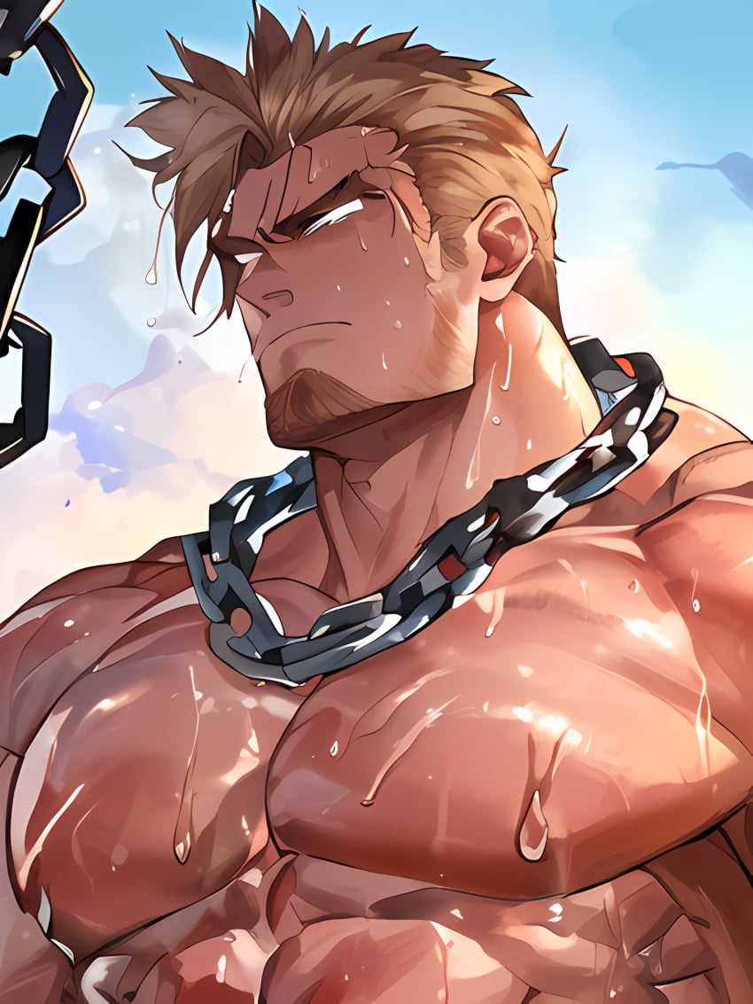 1boy abs ai_generated bara bare_pectorals beard biceps bound bound_wrists broken broken_chain brown_hair chain_necklace chained chains chest_hair chest_harness collar completely_nude cuffs cum_on_boy cum_on_pectorals facial_hair hair_strand hairy handcuffs happy_sex harness large_pectorals male_focus mature_male metal_collar muscular muscular_male navel_hair nipples pectoral_grab pectoral_press pectorals prison_clothes short_hair sideburns slave solo solo_male stable_diffusion stomach stubble thick_thighs thighs topless_male upper_body yaoi