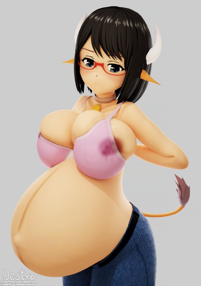 1girls 3d adjusting_clothes annoyed areola_slip big_belly big_navel black_eyes black_hair blue_eyes blue_legwear blue_pants blush bra breasts brown_nipples cel_shading collar cow_bell cow_tail cute female female_only flustered glassed glasses glistening_hair grey_background hands_behind_back hdddestroyer horns huge_belly lactation lactation_through_clothes large_breasts linea_nigra milk_stain minotaur minotaur_female monster_girl navel nipple_slip original original_character outie_navel pink_bra pregnant red-framed_glasses shiny_hair solo swollen_breasts tail tail_tuft tight_clothing uncomfortable under-rim_glasses undressing unhooking_bra yellow_skin