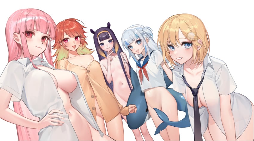 5girls areola_slip bangs blonde_hair blue_eyes blue_hair blush bottomless breasts closed_mouth completely_nude completely_nude_female convenient_censoring fish_tail gawr_gura grey_hair grin hair_censor hair_ornament hair_over_breasts hand_on_hip hololive hololive_english hololive_myth large_breasts looking_at_viewer mole mole_under_eye mori_calliope multicolored_hair multiple_girls naked naked_female naked_shirt necklace ninomae_ina'nis no_bra no_panties open_clothes open_mouth open_shirt out_of_frame_censoring parted_lips pink_eyes pink_hair purple_eyes red_neckwear shark_girl shark_tail sharp_teeth shirt short_hair short_sleeves small_breasts smilesmile1312 tail tail_censor takanashi_kiara teeth tentacle_hair virtual_youtuber vtuber watson_amelia white_background white_shirt