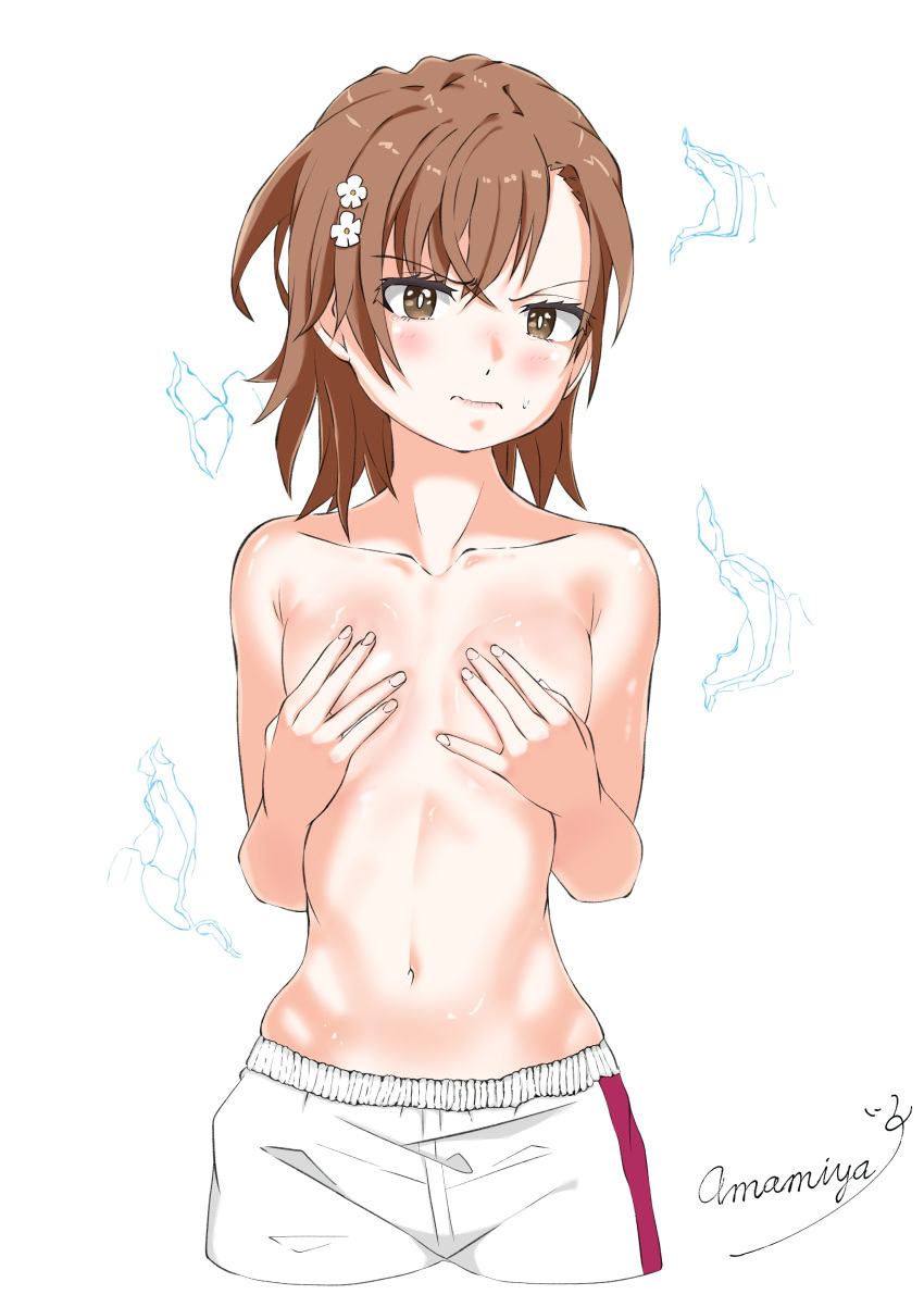 1girls 2020s 2022 absurd_res amamiya_ugyo artist_name bare_shoulders biribiri blush breasts brown_eyes brown_hair collarbone covered_nipples covering electricity electrokinesis embarrassed embarrassed_nude_female female frown gym_shorts gym_uniform hair_flower hair_ornament half-dressed hands_on_own_chest hi_res looking_at_viewer matching_hair/eyes midriff misaka_mikoto navel no_bra nude nude_female shirt_removed short_hair small_breasts solo sweatdrop teenage_girl teenager to_aru_kagaku_no_railgun to_aru_majutsu_no_index topless white_background young