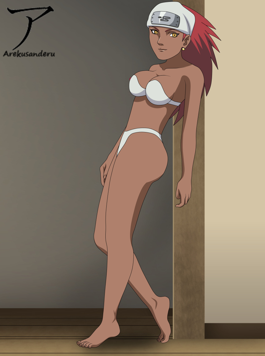 1girls against_wall arekusanderu bandana bare_legs bare_shoulders barefoot bra breasts cleavage dark-skinned_female dark_skin female female_only full_body karui kumogakure_symbol kunoichi long_hair looking_at_viewer naruto naruto_(series) naruto_shippuden ninja panties red_hair smile solo solo_focus standing strapless strapless_bra underwear white_bra white_clothing white_panties yellow_eyes