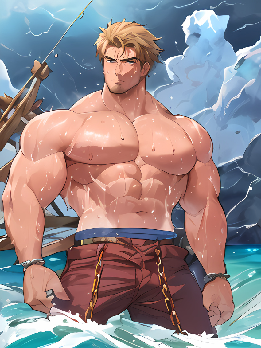 1boy abs ai_generated bara bare_pectorals biceps blonde_hair body_hair bound_wrists bulge cuffs facial_hair handcuffs large_pectorals lightning male_focus male_swimwear mature_male muscular muscular_male navel navel_hair nipples pants pectorals short_hair sideburns solo stable_diffusion stomach stubble swim_briefs swim_trunks thick_thighs thigh_cutout thighs topless_male water wet wet_clothes