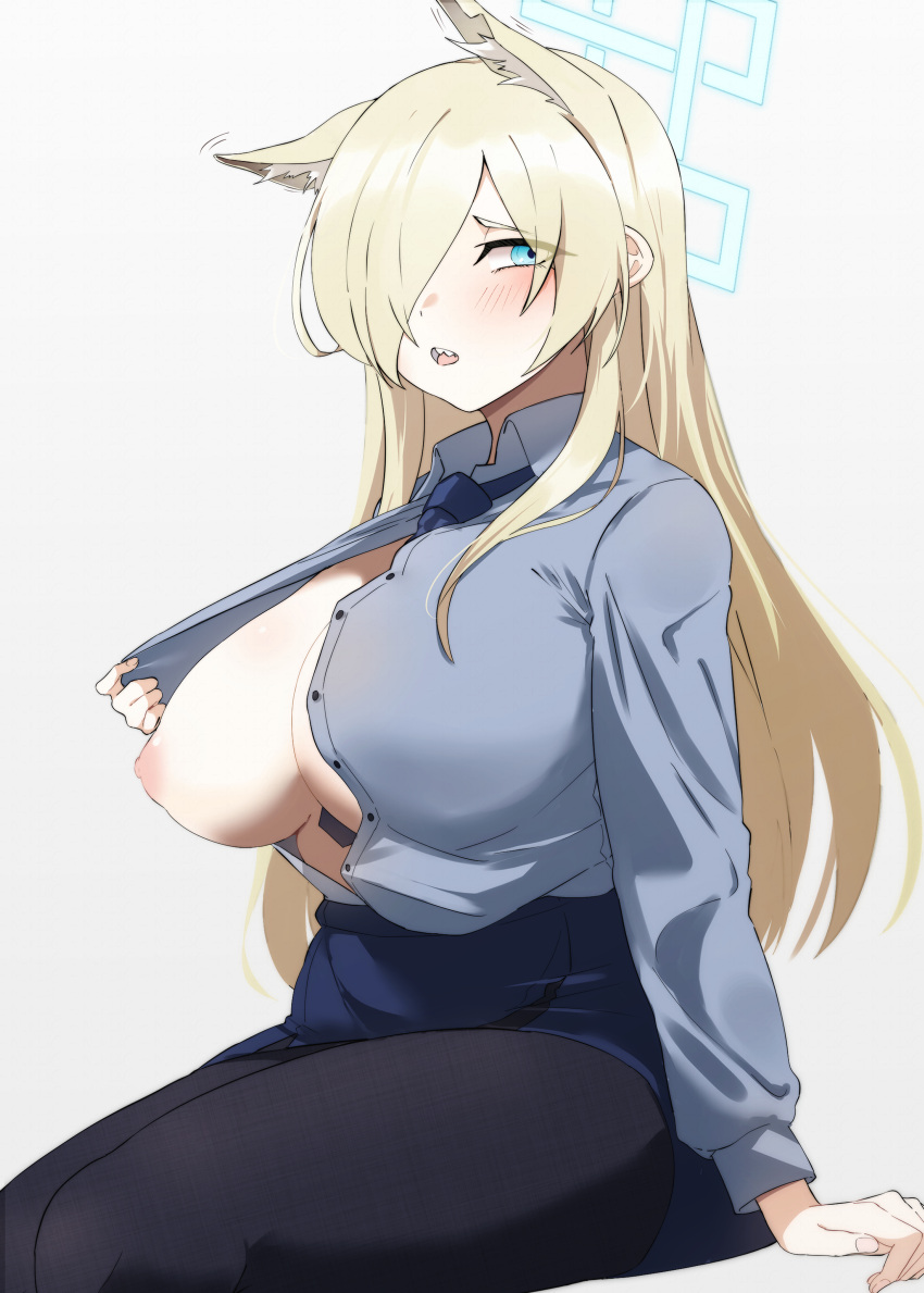 1girls 96nokimihito absurdres animal_ear_fluff animal_ears between_breasts black_pantyhose blonde_hair blue_archive blue_eyes blue_shirt blue_skirt blush breasts collared_shirt female female_only hair_over_one_eye halo highres kanna_(blue_archive) large_breasts light-skinned_female light_skin long_hair long_sleeves looking_at_viewer necktie necktie_between_breasts nipples no_bra one_breast_out open_clothes open_mouth open_shirt pantyhose public_peace_bureau_(blue_archive) sharp_teeth shirt shirt_tucked_in simple_background sitting skirt solo teeth upper_teeth_only valkyrie_police_school_student white_background