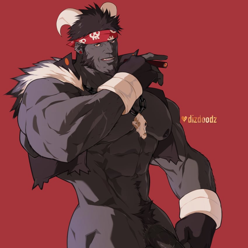 1boy abs arm_hair bara bare_pectorals bare_shoulders beard black_hair black_jacket black_skin bottomless brando_(dizdoodz) cigar colored_skin curled_horns dark-skinned_male dark_skin dizdoodz facial_hair foreskin goatee half-erect headband highres horns houndoom jacket jewelry leather leather_jacket long_sideburns looking_at_viewer male_focus male_pubic_hair mature_male muscular muscular_male naked_jacket navel navel_hair necklace nipples pants pectorals penis penis_peek personification pokémon_(species) pokemon pubic_hair short_hair sideburns skull_necklace skull_print sleeveless sleeveless_jacket smile solo stomach sunglasses veins veiny_penis very_dark_skin