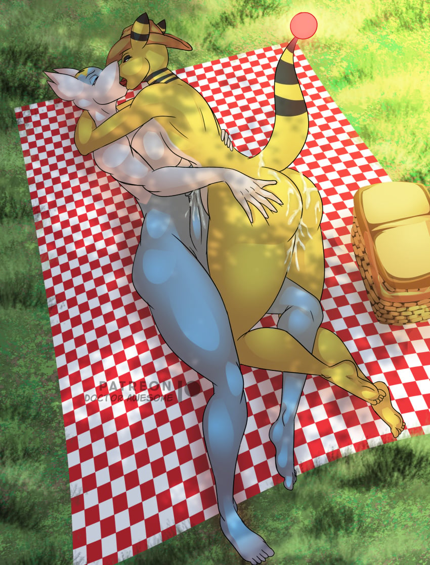 2023 ampharos anthro artist_name ass ass_grab basket big_breasts big_butt black_body black_skin blue_body blue_skin bodily_fluids bottom_heavy breasts bubble_butt clothing container cowboy_hat cum cum_in_pussy cum_inside cum_on_butt curvaceous curvy_figure detailed_background digital_drawing_(artwork) digital_media_(artwork) dr_awesomelbs duo erection exhibitionism eyelashes eyeshadow feet female french_kissing genital_fluids genitals girly hat headgear headwear hi_res hourglass_figure kissing latios makeup making_out male male/female multicolored_body multicolored_skin nintendo nude outside patreon patreon_logo penis picnic picnic_basket picnic_blanket pokemon red_eyes small_waist thebigbadwolf01 theguy thick_thighs toes two_tone_body two_tone_skin voluptuous watermark white_body white_skin wide_hips yellow_body yellow_skin