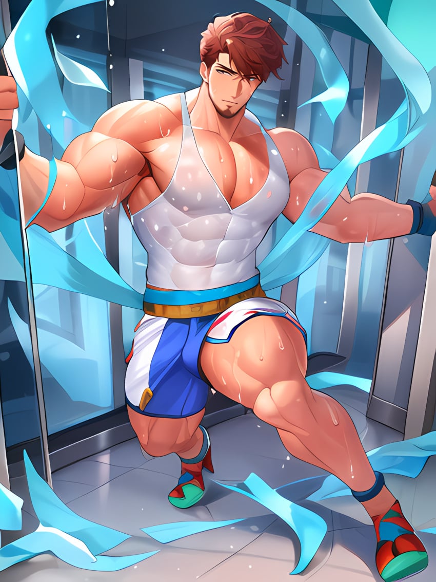 1boy abs ai_generated bara bare_shoulders biceps blue_eyes brown_hair bulge covered_abs facial_hair full_body goatee large_pectorals long_sideburns male_focus mature_male muscular muscular_male nipples pectoral_cleavage pectorals short_hair shorts sideburns skin_tight solo stable_diffusion stubble tentacle thick_thighs thighs tight tight_pants wrestling_outfit