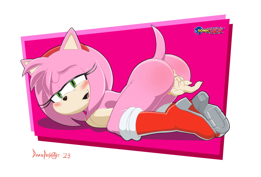 amy_rose anthro blush boots_only border deanprismart fingering_self looking_at_viewer masturbation pussy_juice_on_fingers solo sonic_(series) sweatdrop