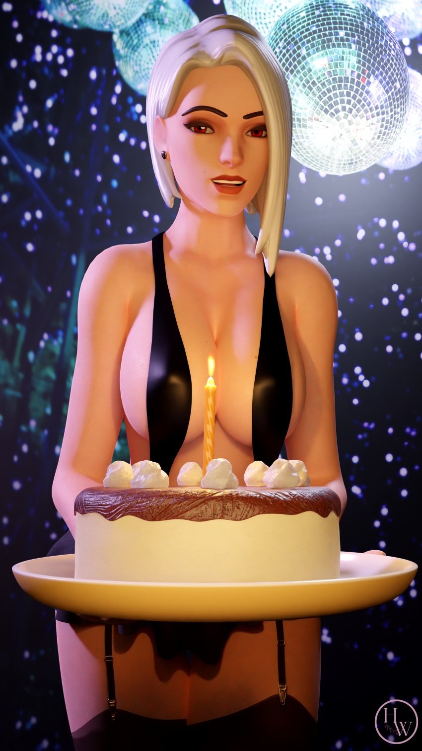 3d ashe_(overwatch) birthday cake candle disco_ball hornywitches3d large_breasts overwatch white_hair