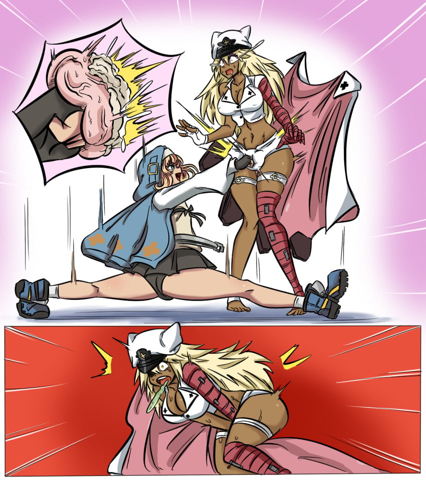 1boy 1futa ballbusting big_breasts blonde_hair bridget bridget_(guilty_gear) bursting_testicles castration clothing cock_and_ball_torture dark-skinned_futanari dark_skin femboy futanari futanari_ballbusting guilty_gear guilty_gear_strive guro light_skin ocigart pain popped_balls punching_balls ramlethal_valentine tears testicles vomit x-ray