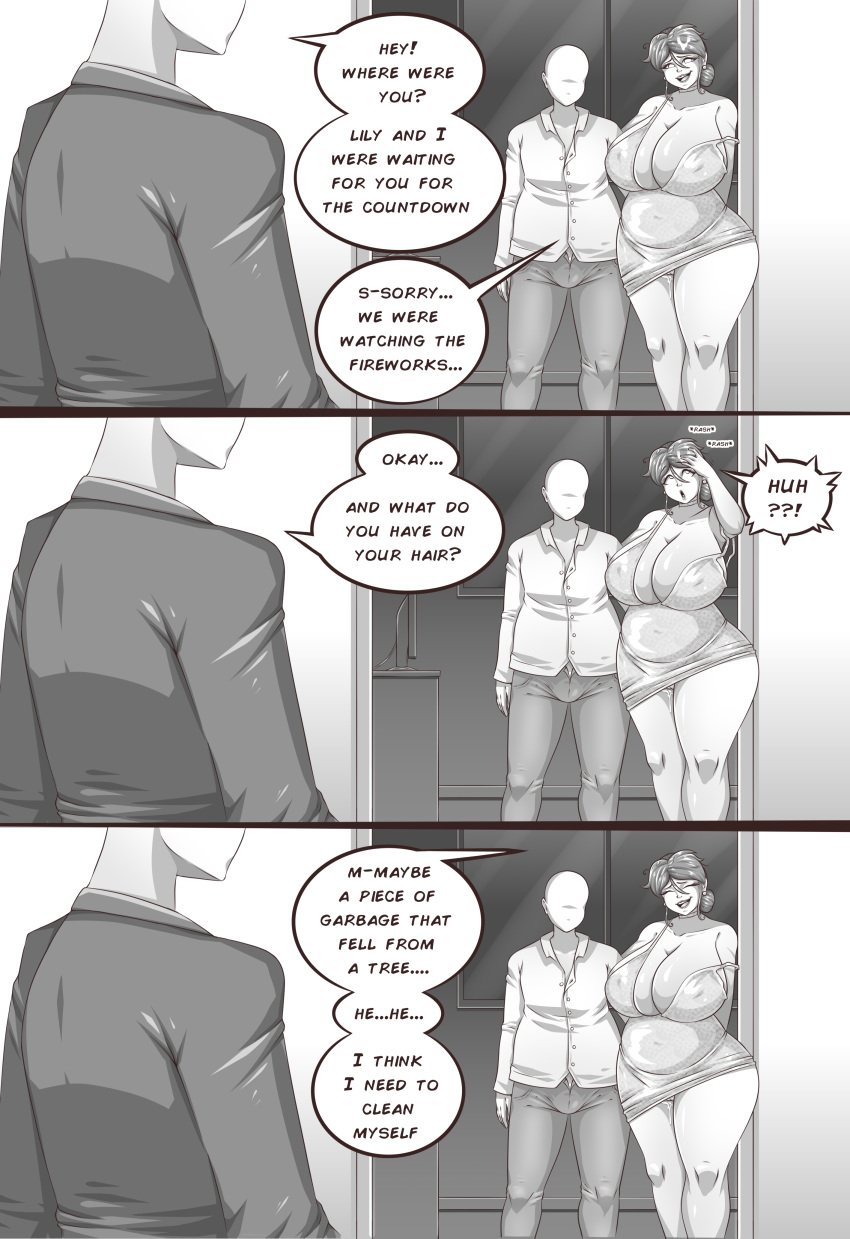 big_breasts big_hips black_and_white blowjob comic comic_page cum cum_inside cum_on_hair incest marian_(riukykappa) mother mother_and_son new_year riukykappa sex son speech_bubble tagme text