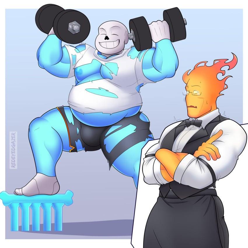 2boys 2d bara big_belly buff chubby chubby_male color commission gay grillby impressed impressing male male/male male_only monster monster_boy muscles muscular muscular_male redeyedgazer repost sans shocked_expression smiling tagme torn_clothes torn_clothing undertale undertale_(series) wide_smile