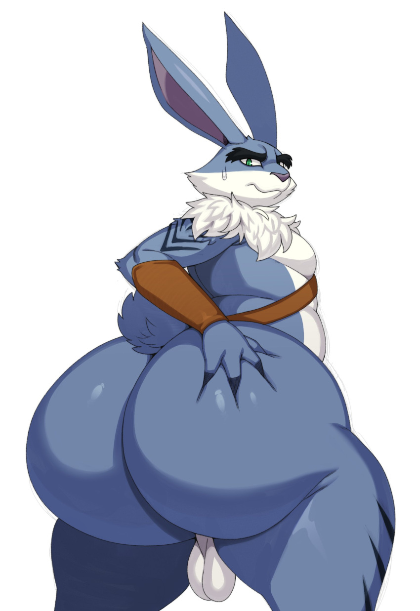 2023 absurd_res anthro ass backsack balls big_butt bodily_fluids bunnymund dreamworks easter_bunny easter_bunny_(rise_of_the_guardians) genitals green_eyes hi_res huge_ass huge_butt lagomorph leporid looking_at_viewer looking_back looking_back_at_viewer male male_only mammal nude paramount_pictures rabbit rise_of_the_guardians sagging_balls solo sssonic2 sweat sweatdrop