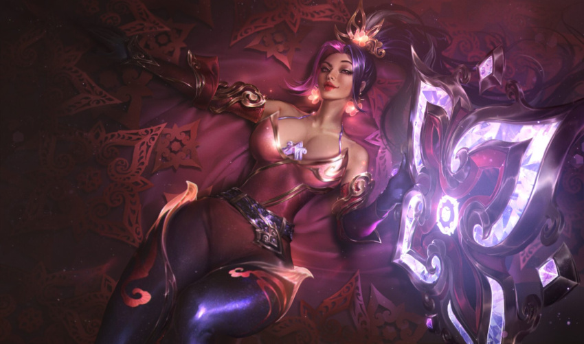 3rd_party_edit large_breasts league_of_legends lying lying_on_back mythmaker_series mythmaker_sivir_prestige_edition official_artwork_edit prestige_skin purple_hair raised_eyebrow riot_games sivir skin_tight smirk smirking smirking_at_viewer sutton184_edits thick_thighs weapon wide_hips