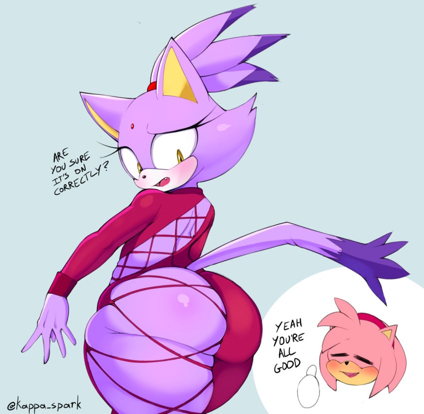 2023 amy_rose anthro ass blaze_the_cat blush bottom_heavy closed_eyes dialogue digital_media_(artwork) english_text eulipotyphlan female fingers flat_chest flat_chested hedgehog hi_res kappa_spark mammal open_mouth pear-shaped_figure pear_shaped pear_shaped_female sega simple_background small_breasts sonic_(series) sonic_the_hedgehog_(series) text