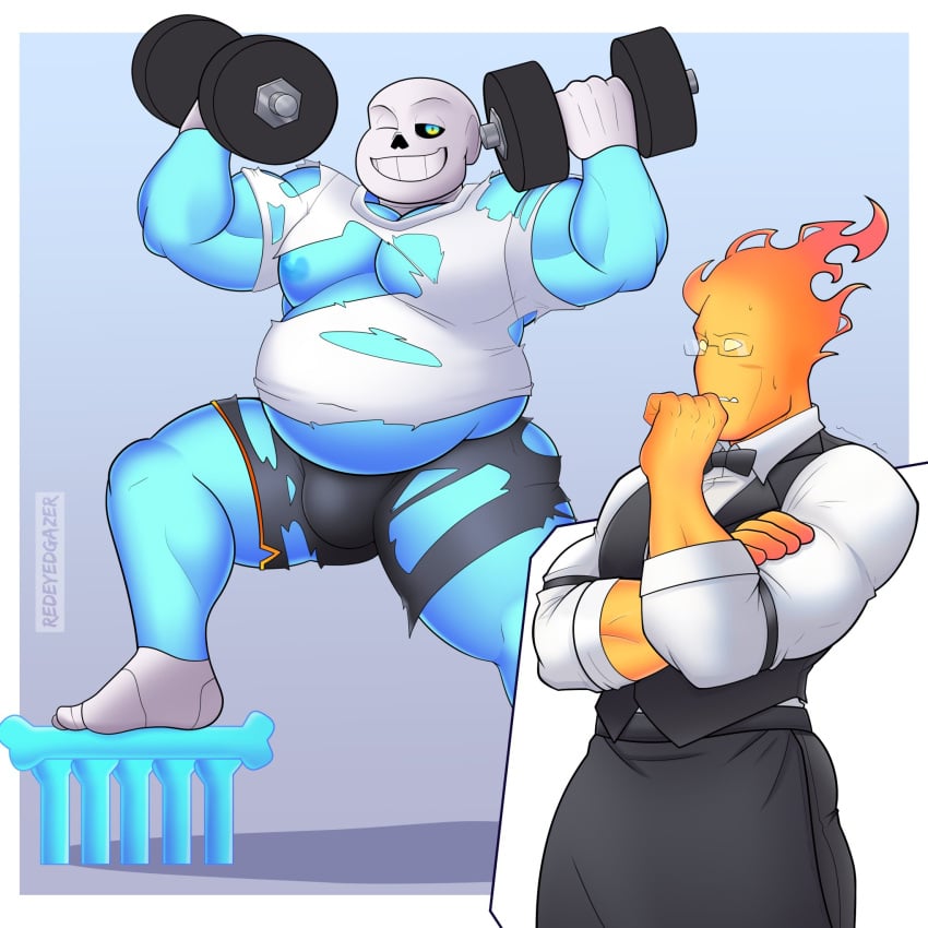 2boys 2d bara big_belly buff chubby chubby_male color commission gay glowing_eye grillby impressed impressing male male/male male_only monster monster_boy muscles muscular muscular_male redeyedgazer sans torn_clothes torn_clothing undertale undertale_(series)