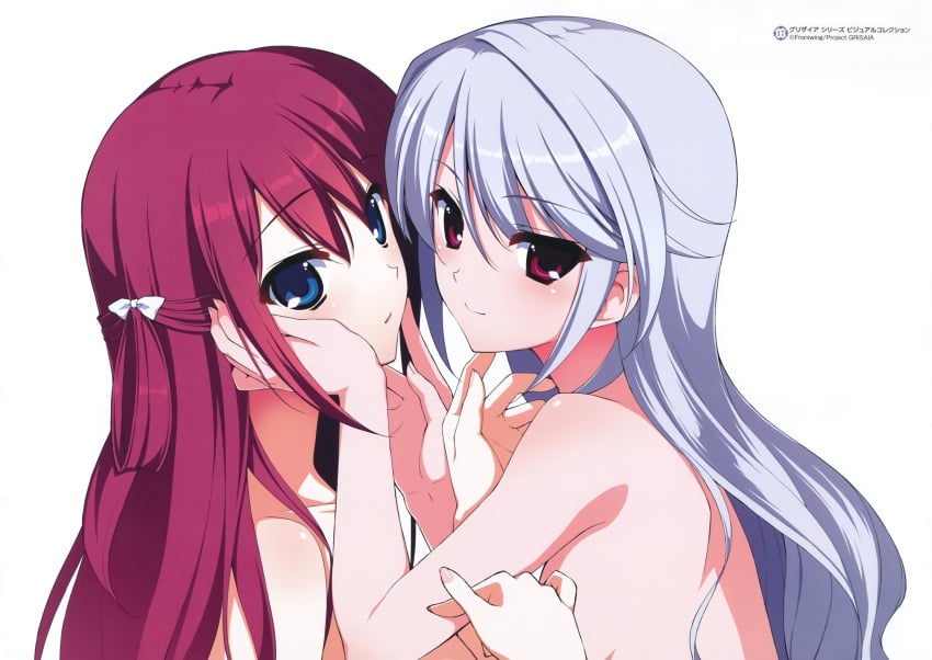 2girls absurdres blue_eyes blush female_focus front_wing fumio_(ura_fmo) grisaia_(series) grisaia_no_kajitsu highres kazami_kazuki long_hair looking_at_viewer multiple_girls nude official_art red_eyes red_hair ribbon scan smile suou_amane topless yuri