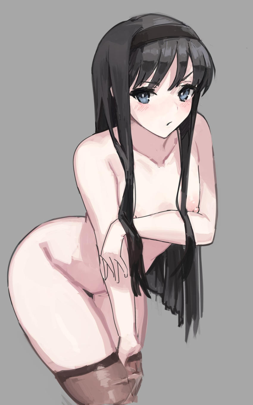 /// 1girls areolae bare_shoulders black_hair blue_eyes blush chest covering covering_breasts embarrassed exposed_breasts female female_only flat_chest grey_background hairband hand_in_thighhighs jonyeld leaning_forward legwear legwear_only light-skinned_female long_hair looking_at_viewer naked nipple_slip nipples no_bra no_panties nude small_breasts solo standing stockings thick_thighs thighhighs thighs tohno_akiha tsukihime wide_hips