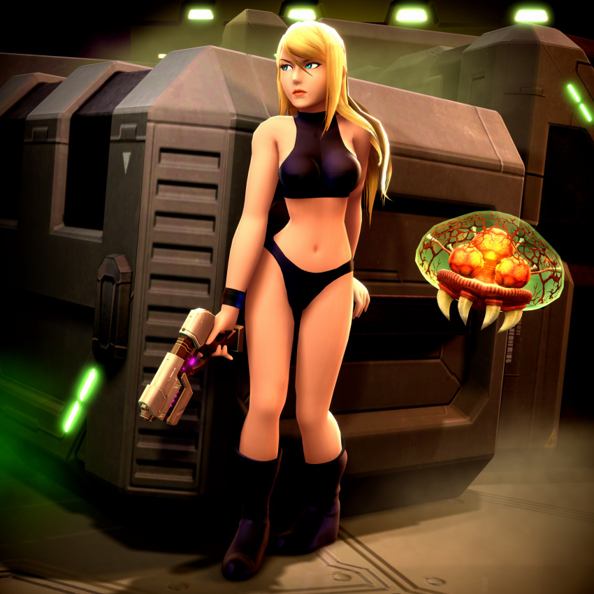 1girls 3d 3d_(artwork) alternate_version_at_source alternate_version_available bikini female holding_gun holding_weapon metroid metroid_(creature) metroid_(species) nintendo onmodel3d pinup samus_aran super_metroid tagme