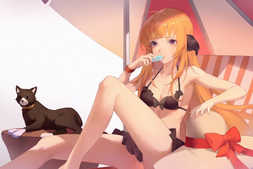 1cat 1girls ahoge atlus bare_shoulders bikini bikini_bottom bikini_top black_bikini black_bra black_cat black_panties black_swimsuit bra cat chest eating_ice_cream emotionless frilled_bikini hat_removed headphones jolker knee legs long_hair long_legs looking_at_viewer lounge_chair morgana_(persona) orange_hair panties persona persona_5 popsicle purple_eyes sakura_futaba sitting small_breasts swimsuit umbrella very_long_hair watch white_background wristwatch