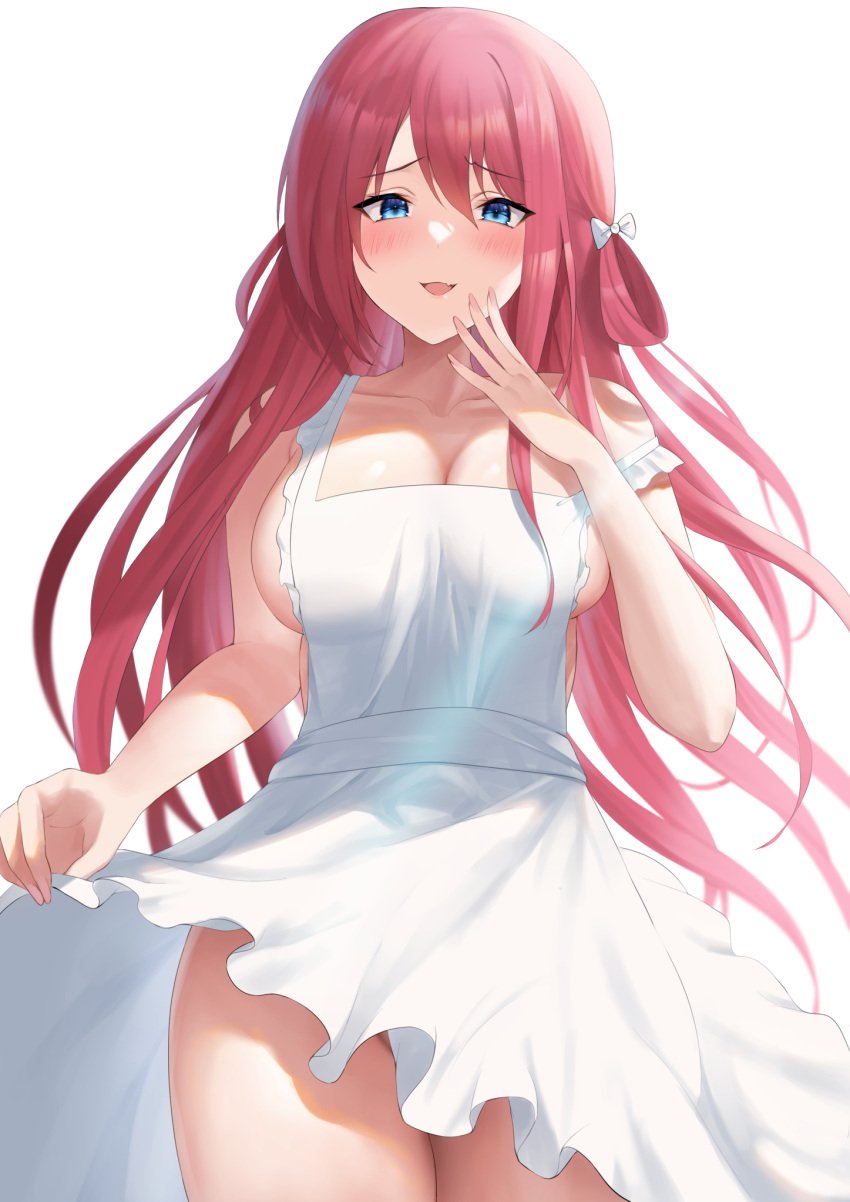 apron apron_only blue_eyes blush bow breasts commission female futon_fly_away grisaia_(series) grisaia_no_kajitsu hair_between_eyes hair_rings hairbow highres large_breasts naked_apron pixiv_commission red_hair simple_background suou_amane voluptuous white_background