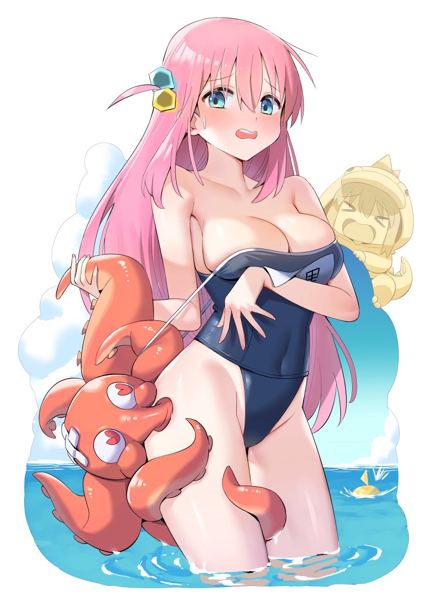 absurdres bocchi_the_rock! breast_hold breasts chen_yang_yang gotou_hitori highres octopus school_swimsuit swimsuit tail tentacle undressing wardrobe_malfunction wet zoophilia