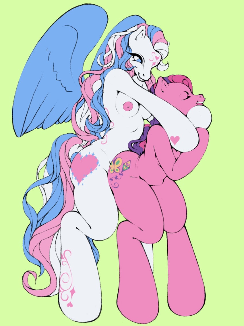 absurd_res anthro areola blue_wings cutie_mark dreamscreep duo earth_pony equid equine feathered_wings feathers female female/female fur hair hasbro heart heart_(marking) hi_res hooved_hands hooves horse long_hair mammal mane mlp_g3 multicolored_hair my_little_pony my_little_pony_(2003) nipples pegasus pink_areola pink_body pink_fur pink_nipples pony prick_ears sky_wishes star_catcher_(pre-g4) wavy_hair wings