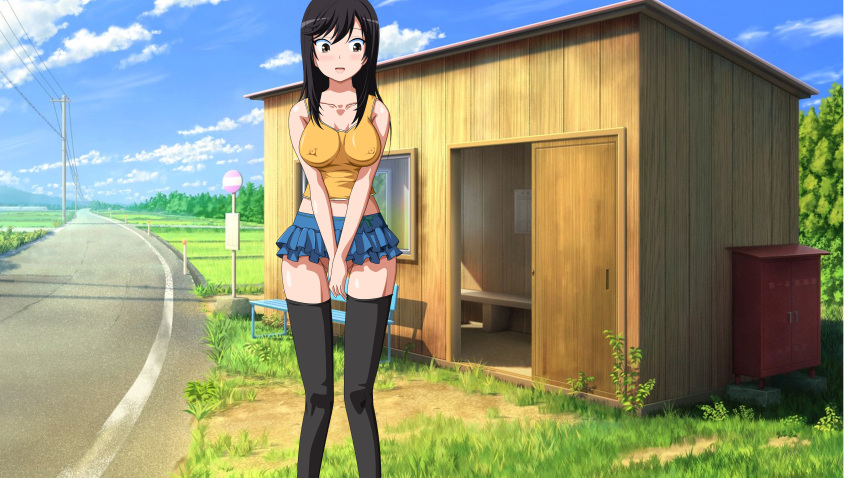 akane_(artist) akane_(cgbox) bikabika bimbo black_hair breasts cg_box covering_crotch covering_pussy erect_nipples erect_nipples_under_clothes large_breasts microskirt miniskirt nipples no_panties outdoor outdoors outside public public_exposure public_indecency public_nudity short_skirt skirt tagme thighhighs