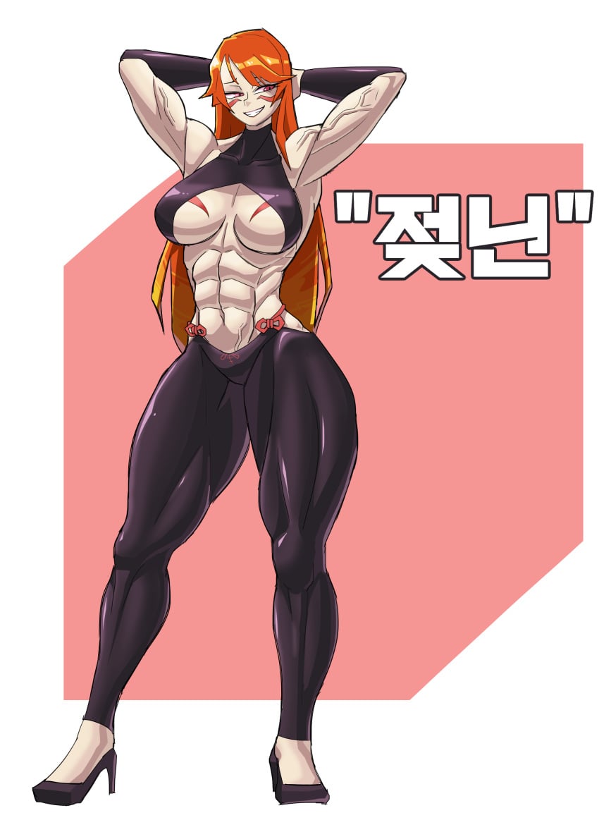 1girls abs armpits arms_behind_back biceps female fuma_kotaro_(tenkaichi) hi_res high_heels muscles muscular muscular_arms muscular_female muscular_legs muscular_thighs obliques pink_eyes red_hair rice rice(bob) simple_background solo tenkaichi_nihon_saikyou_bugeisha_ketteisen thick_thighs vein