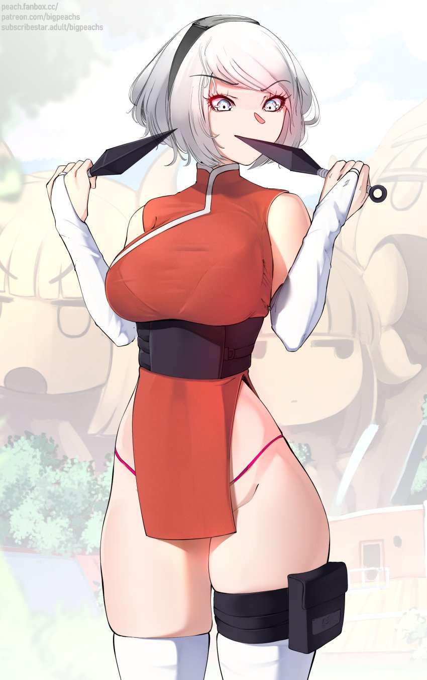 1girls absurdres bare_shoulders bigpeachs black_bag black_hairband breasts bridal_gauntlets cosplay crossover crossover_cosplay dress grey_eyes grey_hair groin hairband highres holding holding_weapon kanna_kamui kunai large_breasts miss_kobayashi's_dragon_maid naruto naruto:_the_last naruto_(series) naruto_shippuden nier:_automata nier_(series) outdoors panties pink_panties red_dress sakura_haruno sakura_haruno_(cosplay) short_hair skindentation solo standing thick_thighs thigh_pouch thighhighs underwear weapon white_thighhighs yorha_2b