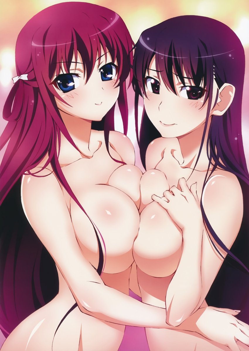 10s 2girls absurdres bare_shoulders blue_eyes breast_press breast_suppress breasts collarbone embarrassed grisaia_(series) grisaia_no_kajitsu hair_between_eyes hair_ribbon half_updo highres large_breasts long_hair looking_at_viewer multiple_girls nude official_art purple_eyes purple_hair red_hair ribbon sakaki_yumiko scan smile suou_amane symmetrical_docking watanabe_akio yano_akane yuri