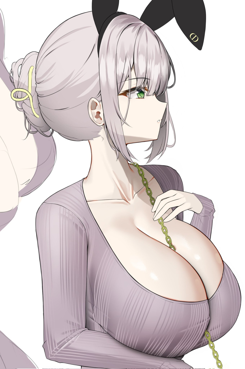 1girls breasts bunny_ears chain cleavage clothed female green_eyes hololive huge_breasts kuse_(0201) light-skinned_female light_skin massive_breasts shirogane_noel virtual_youtuber white_hair wip work_in_progress