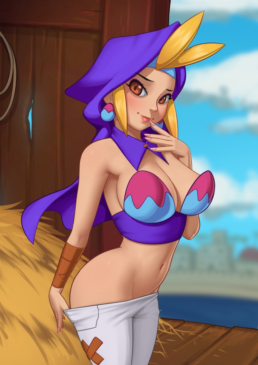 1girls ass blush brown_skin deilan12 detached_collar earrings hay headwrap large_breasts looking_at_viewer pulling_down_pants red_eyes shantae sky_(shantae) slim_waist smooth_skin standing undressing wayforward