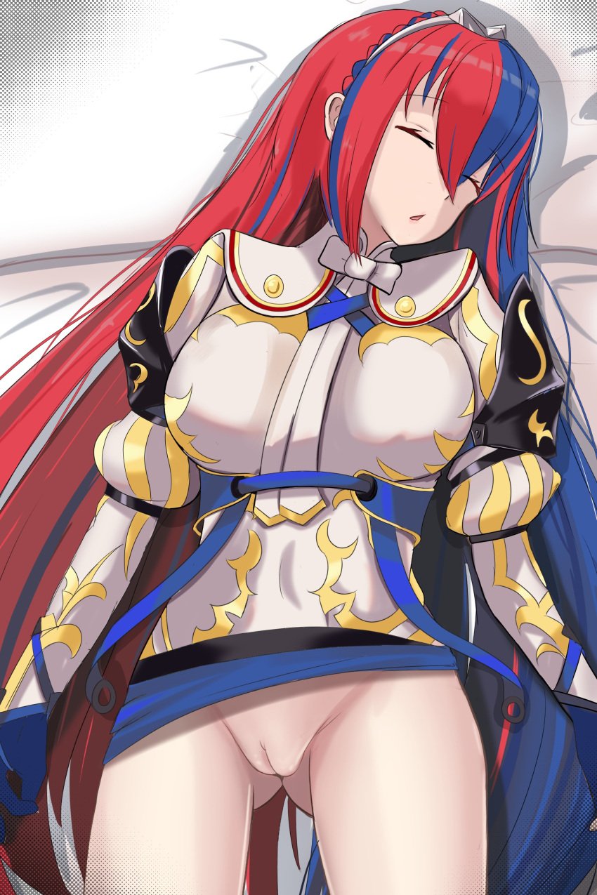 1girls alear_(female)_(fire_emblem) alear_(fire_emblem) ass_visible_through_thighs bare_thighs blue_hair bottomless breasts closed_eyes female female_only fire_emblem fire_emblem_engage gloves hair_between_eyes large_breasts long_hair multicolored_hair nintendo on_back on_bed open_mouth partially_clothed pov pussy red_hair shincito skirt skirt_lift sleeping solo thighs tiara uncensored upskirt vaginal_penetration very_long_hair