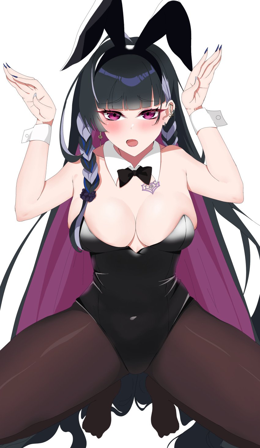 1girls bare_shoulders big_breasts black_hair blush bowtie bowtie_collar bunny_ears bunny_ears_(gesture) bunny_ears_headband bunnysuit cleavage detached_collar exposed_shoulders headband hi_res highres legwear light-skinned_female light_skin looking_at_viewer meloco_kyoran mon_monn nail_polish nijisanji nijisanji_en pantyhose purple_eyes purple_hair solo solo_female solo_focus tattoo tattoo_on_chest three_tone_hair twin_braids violet_hair virtual_youtuber white_background wrist_cuffs