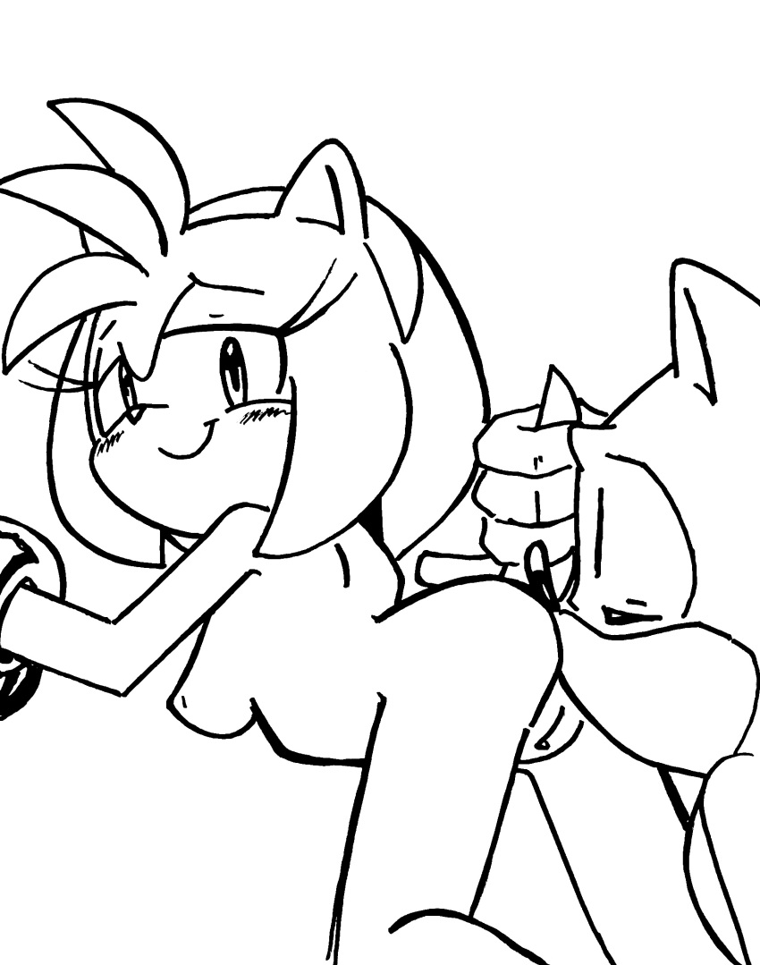 1boy 1girls amy_rose anilingus anilingus_from_male anthro duo looking_back looking_pleasured male_rimming_female monochrome nude nude_female nude_male nude_male_nude_female randomguy999 sonic_(series) sonic_the_hedgehog